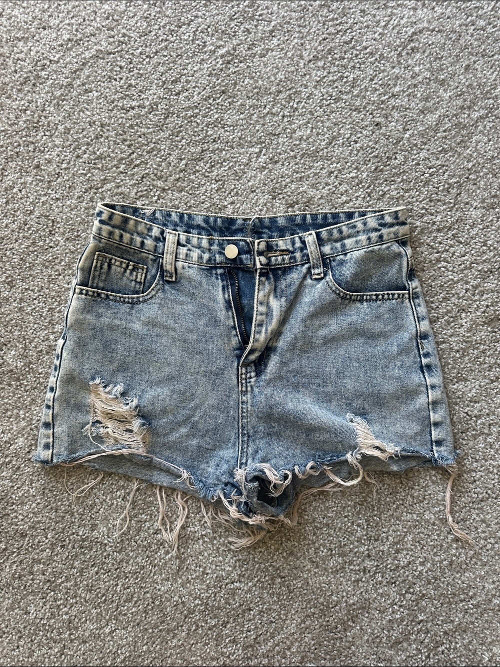 High-Rise Distressed Denim Shorts - Light Blue